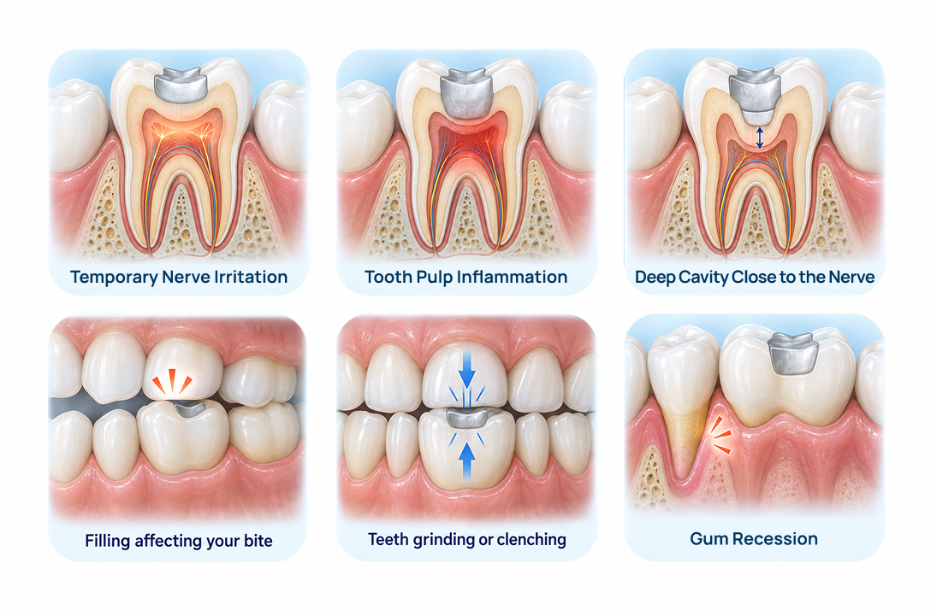 Dental diagram showing common causes of tooth sensitivity after filling, including nerve irritation, deep decay, bite changes, and gum recession.