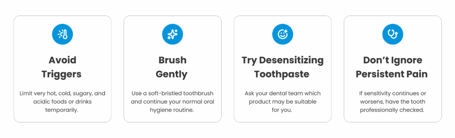 Infographic showing ways to calm an irritated tooth nerve after a filling, including gentle brushing, avoiding triggers, and desensitizing toothpaste